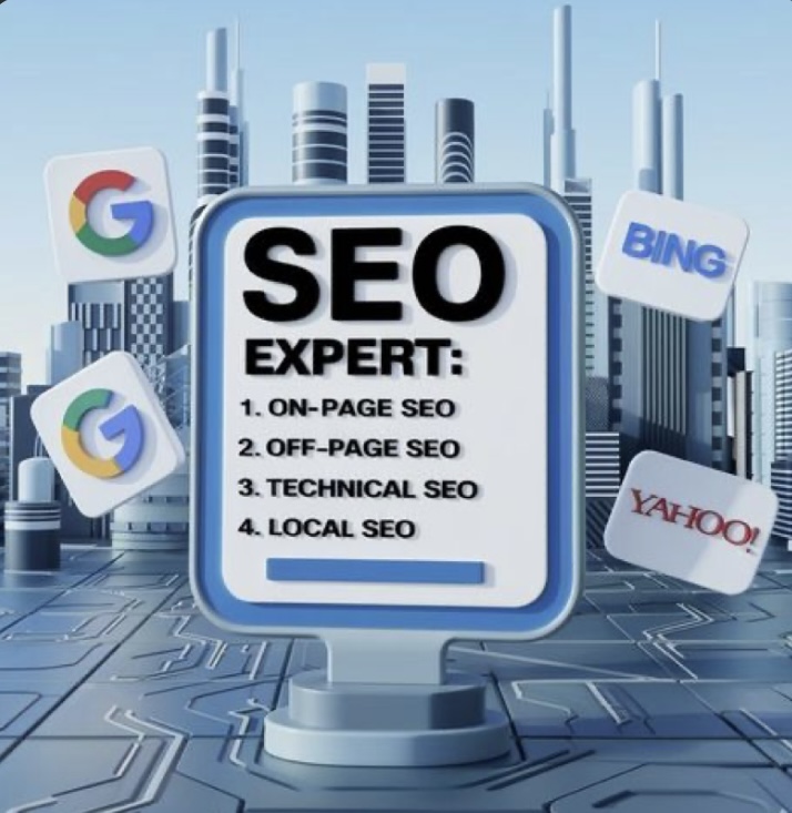 Modern digital city background showing SEO services offered by a professional SEO Agency in Surat including on-page, off-page, technical, and local SEO.