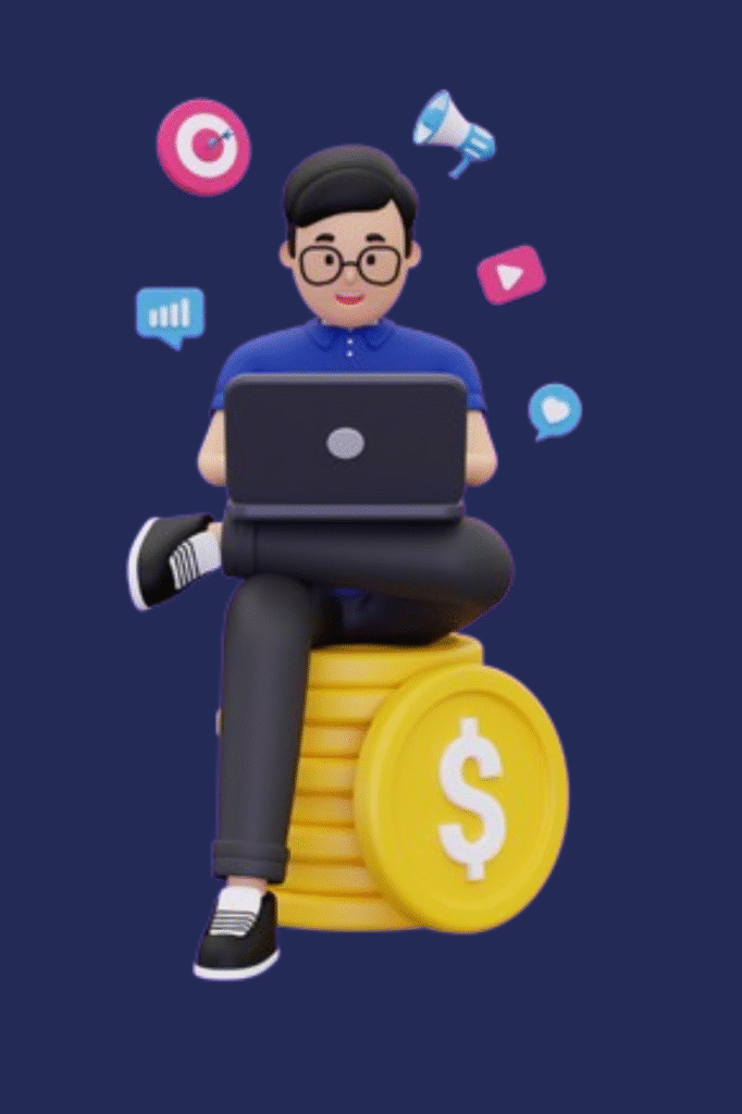 3D illustration of a person working on a laptop surrounded by social media icons and coins.