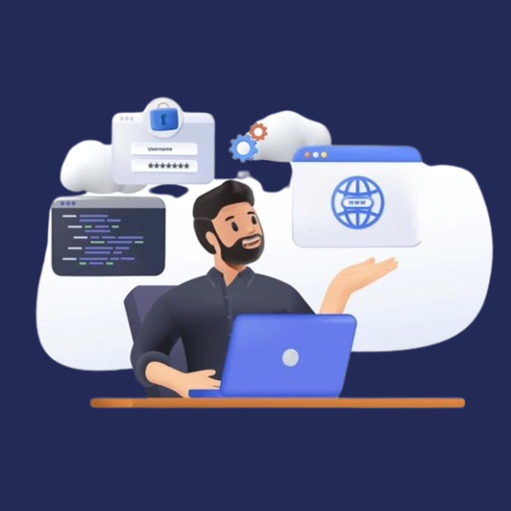 "Professional Website Designer In Surat illustration with laptop, coding, and web development icons"