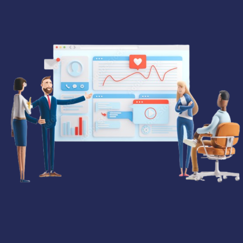"Business team discussing website development dashboard with graphs and UI design"