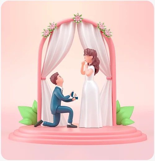 3D illustration of a man proposing to a woman under a floral wedding arch, symbolizing love and commitment.