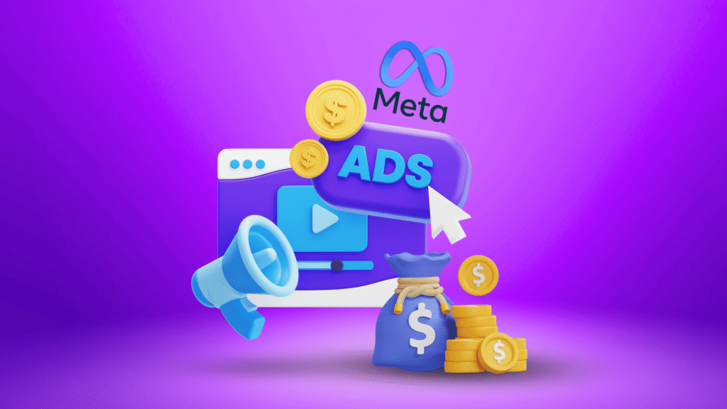 3D illustration of Meta Ads with coins, megaphone, and laptop representing digital marketing services.