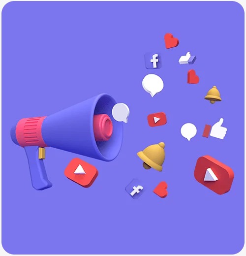 3D megaphone with social media icons like Facebook, YouTube, likes, and notifications