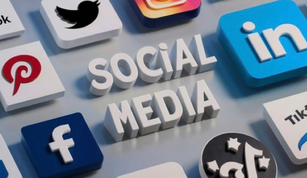 3D icons of popular social media platforms representing digital marketing services.