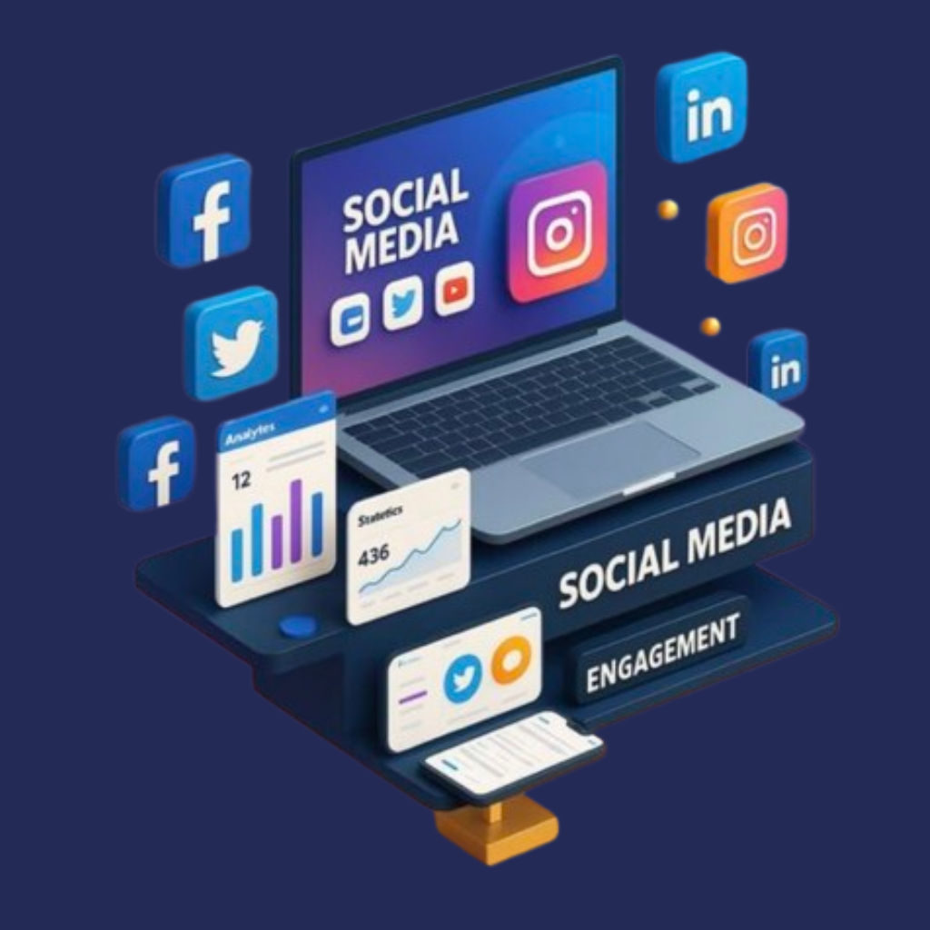 Laptop showing analytics and social media icons representing Social Media Marketing Agency in Surat